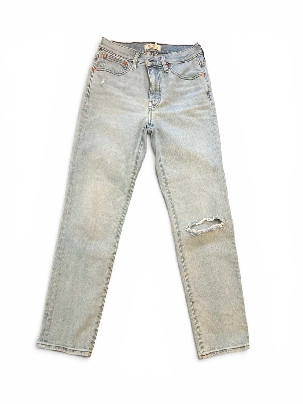 Madewell Mid-Rise Classic Straight Jeans Light Wash Distressed Knee Size 26T